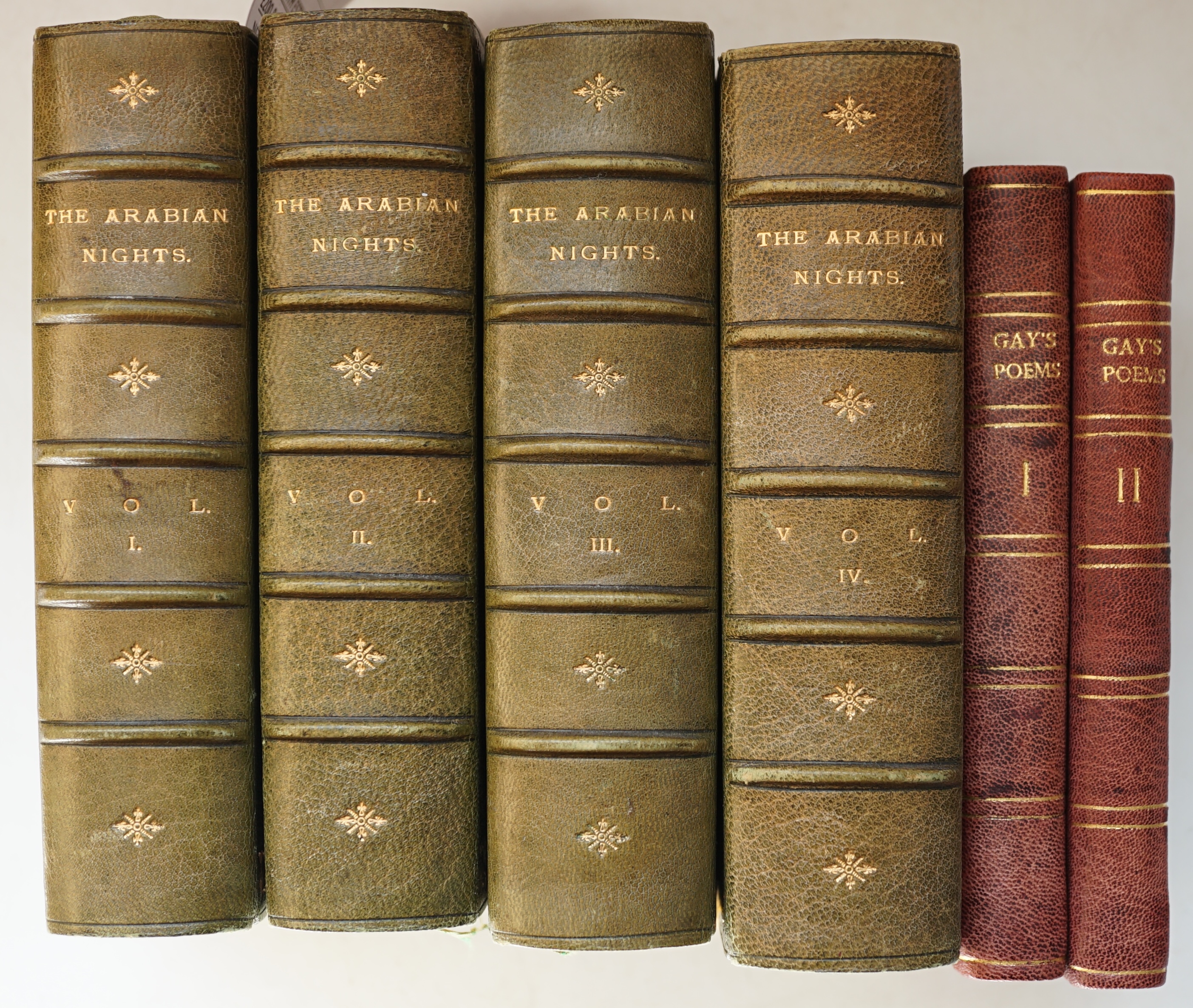 Wood, S.L (illustrator) - The Arabian Nights Entertainment…from the text of Dr. Jonathan Scott, the ‘’Alpine’’ edition, 4 vols, 12mo, fine green morocco gilt bindings, frontispieces, numerous photogravured plates, Picker